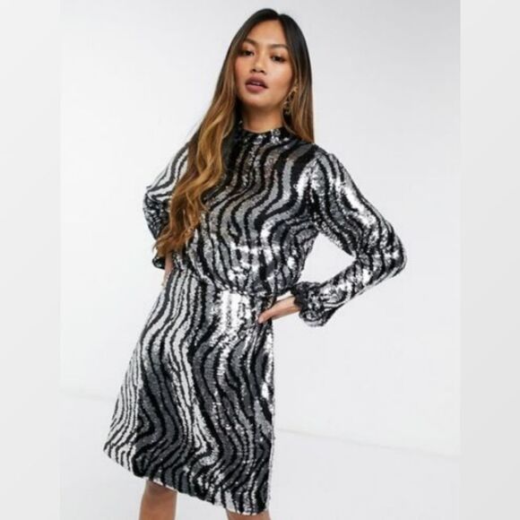 TED BAKER Sequin Mini Dress Animal Striped Print Mock Neck LS Silver Sz 0-2 / XS - Picture 8 of 15